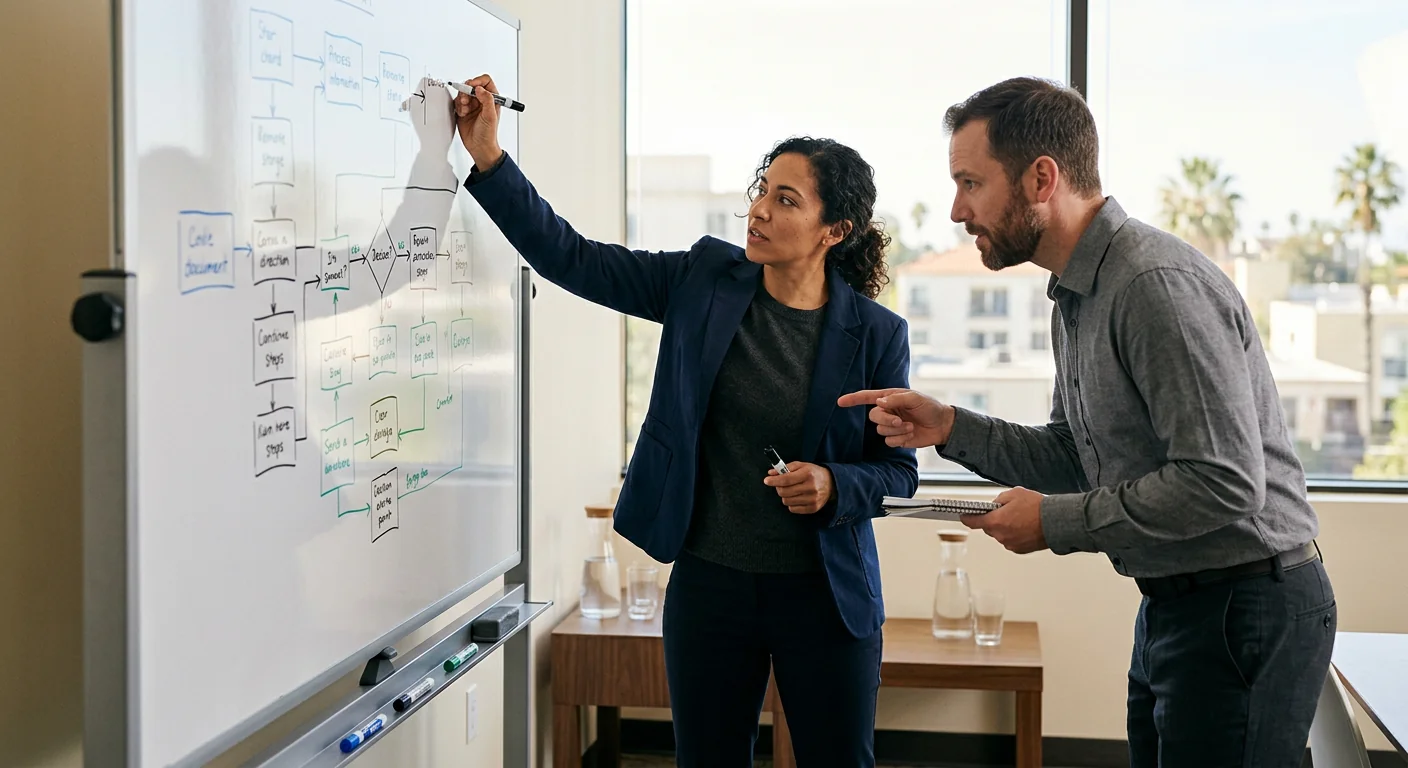 AI consultant mapping a client automation workflow on a whiteboard in Los Angeles