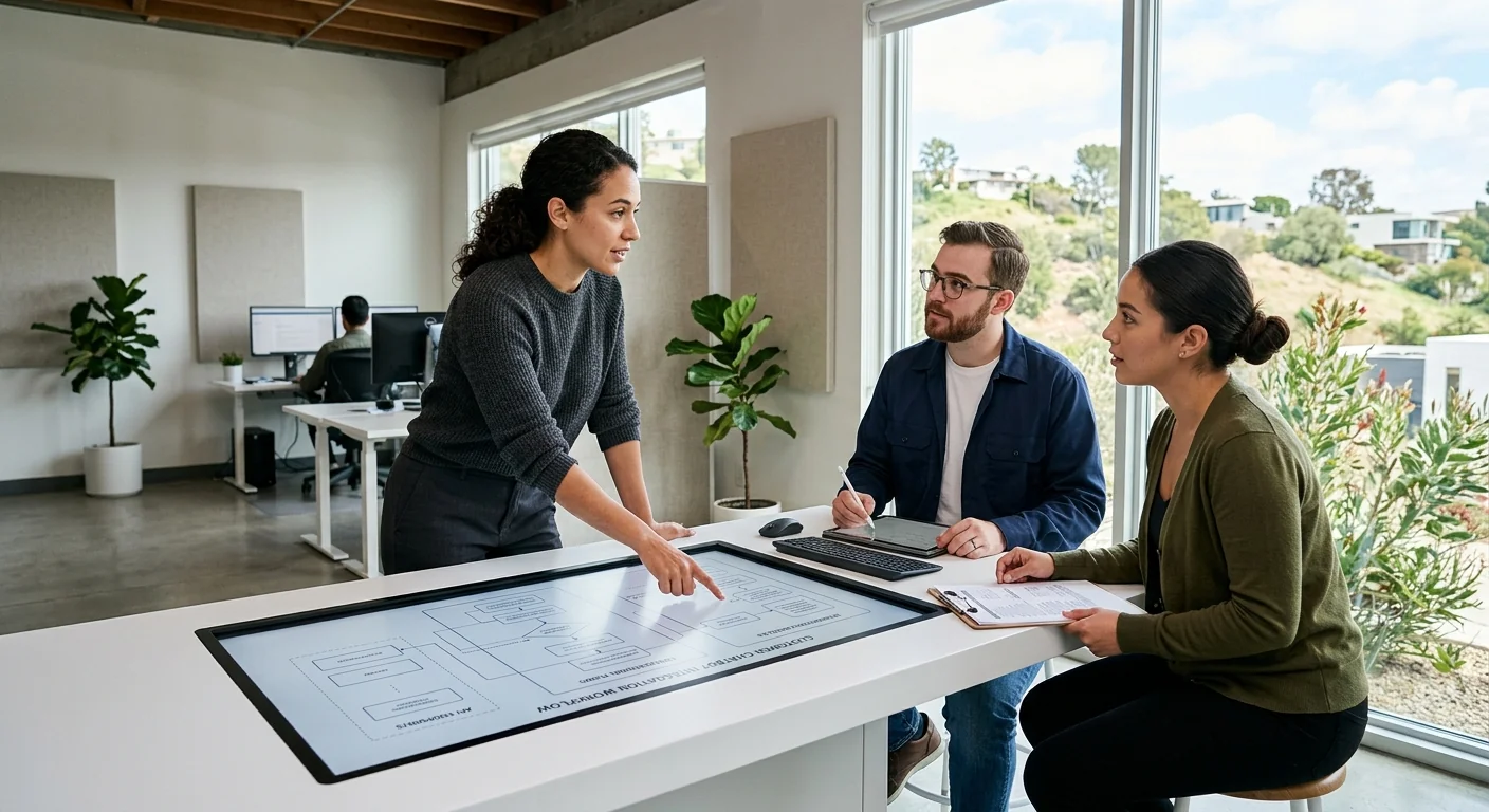 AI specialist presenting a finished automation dashboard to a satisfied Los Angeles client