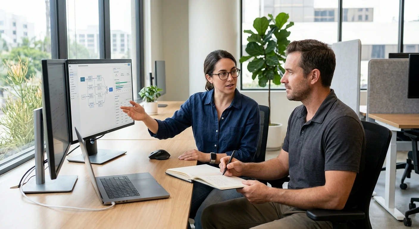 Consultant reviewing AI agent workflow pricing details with a Los Angeles business owner