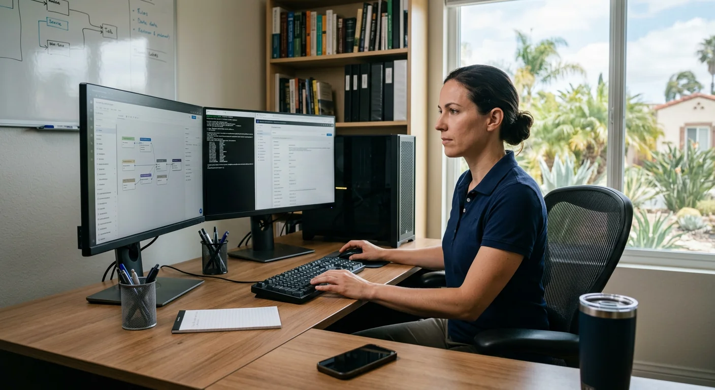 Specialist configuring autonomous task orchestration on a dual-monitor workstation