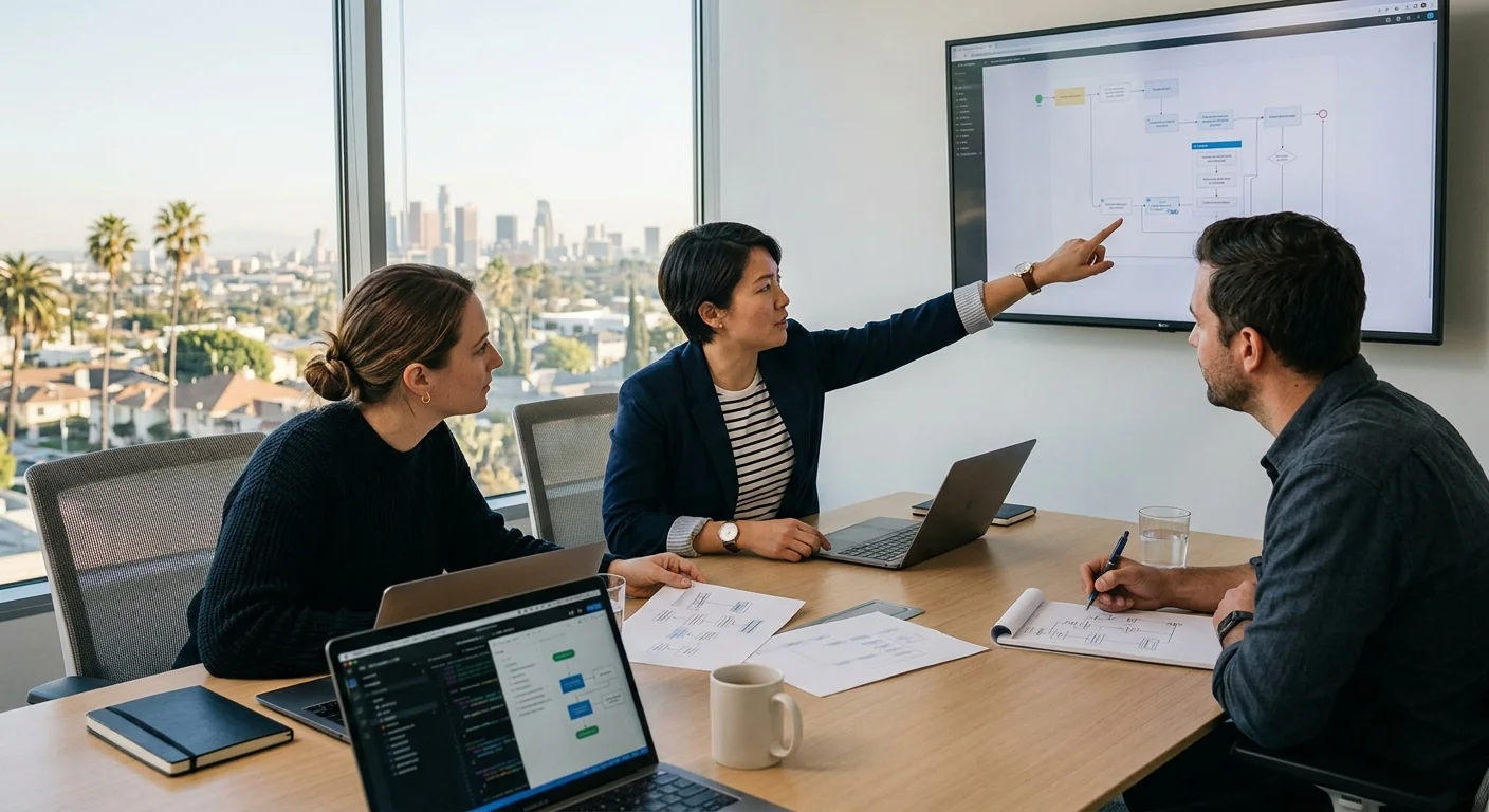 Team reviewing AI agent integration steps for a Los Angeles business workflow