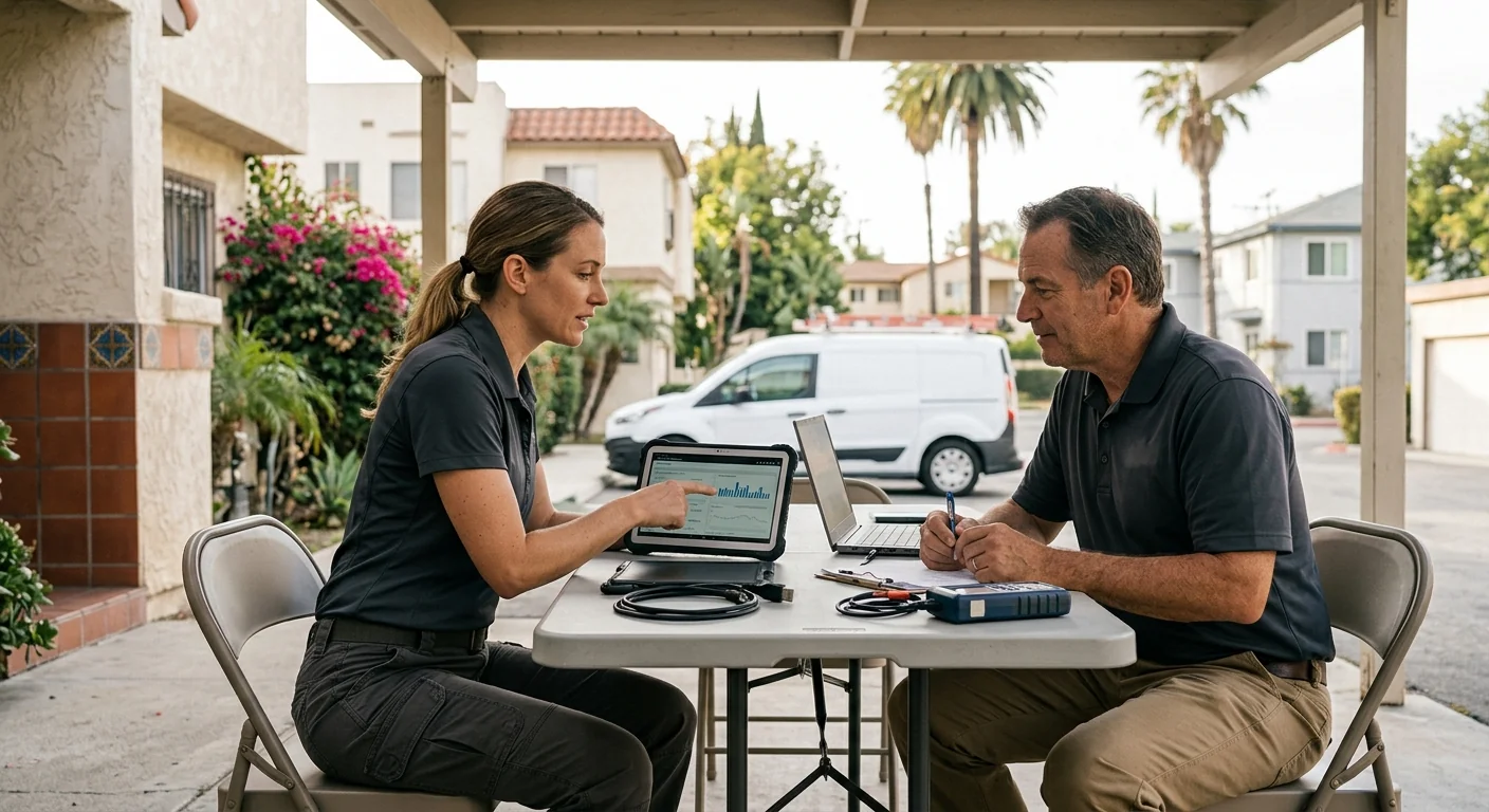 Consultant reviewing AI automation workflow diagrams and cost estimates with a Los Angeles business owner