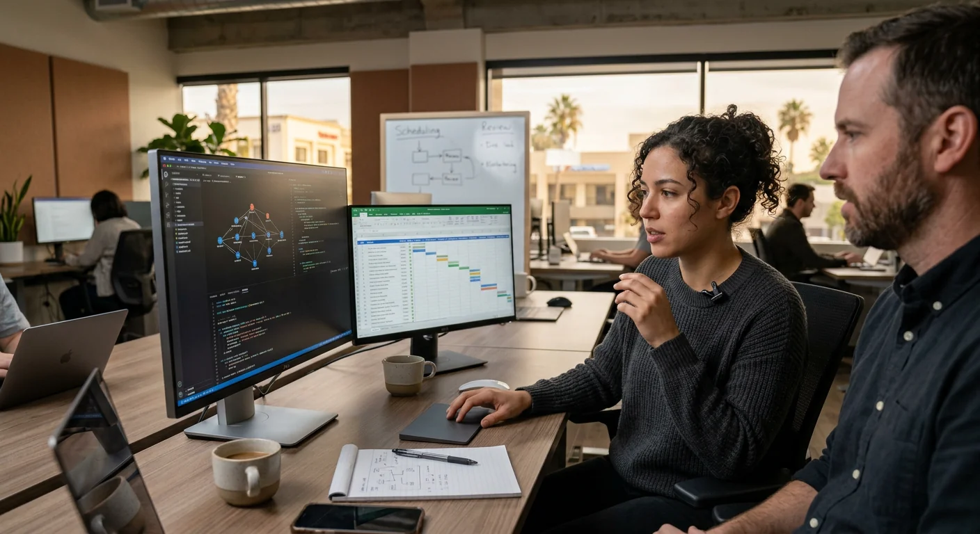 AI automation specialist reviewing workflow plans with a Los Angeles business client