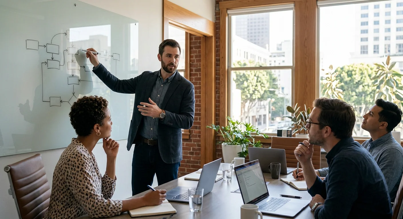 Consultant mapping automation workflow steps for a Los Angeles business team