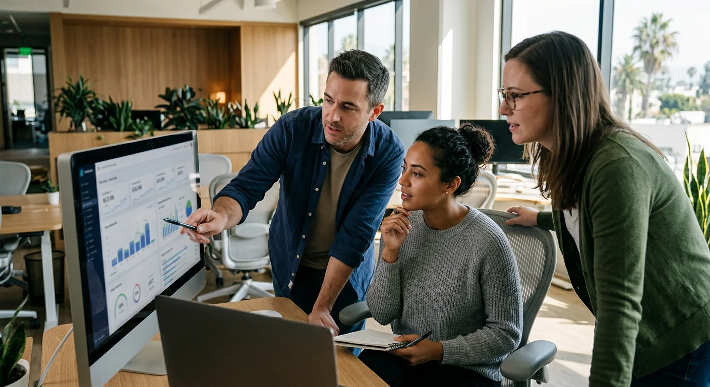Office staff reviewing streamlined automated workflow results together
