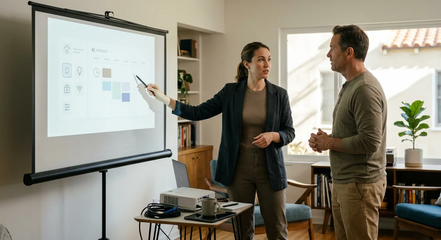 AI chatbot pricing worksheet reviewed with a Los Angeles business owner at a desk
