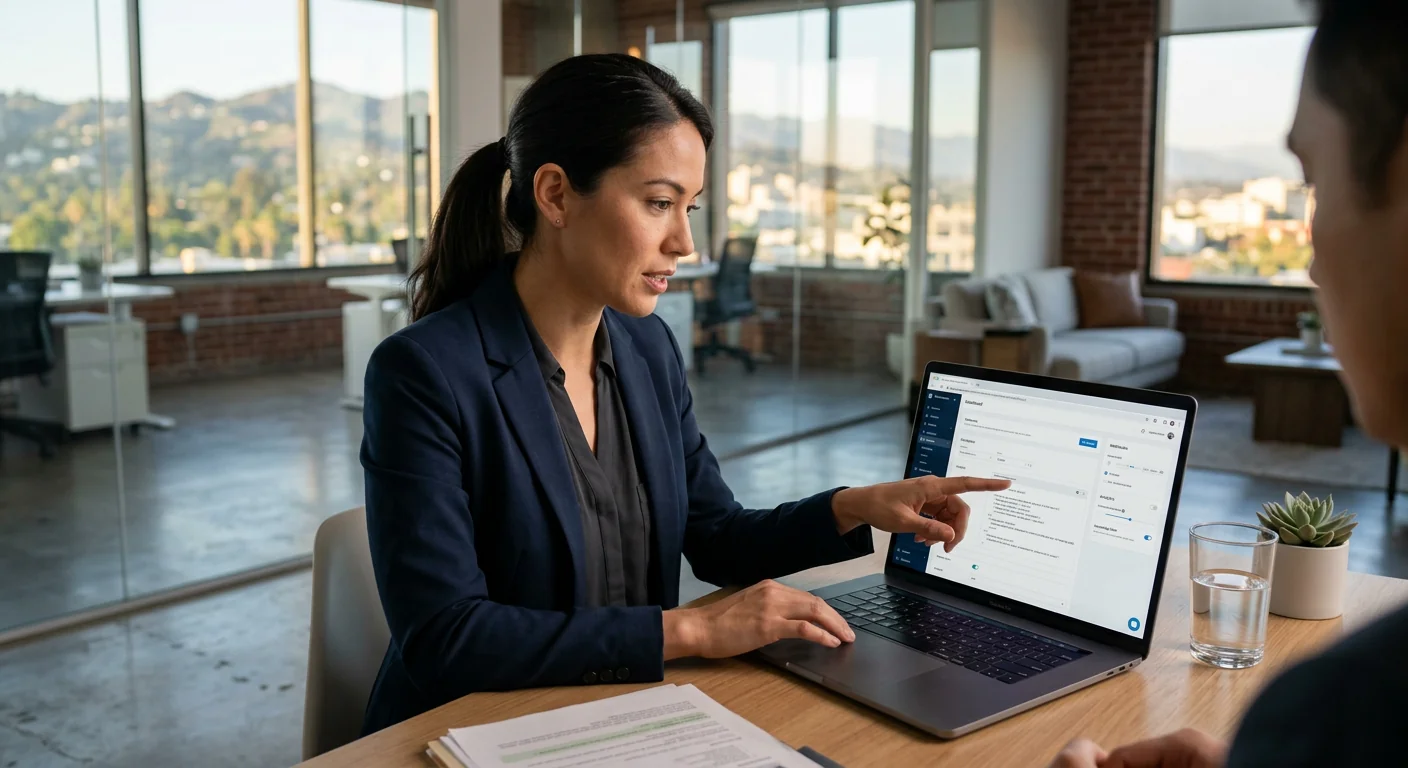 Specialist verifying chatbot integration settings on a laptop in a Los Angeles office