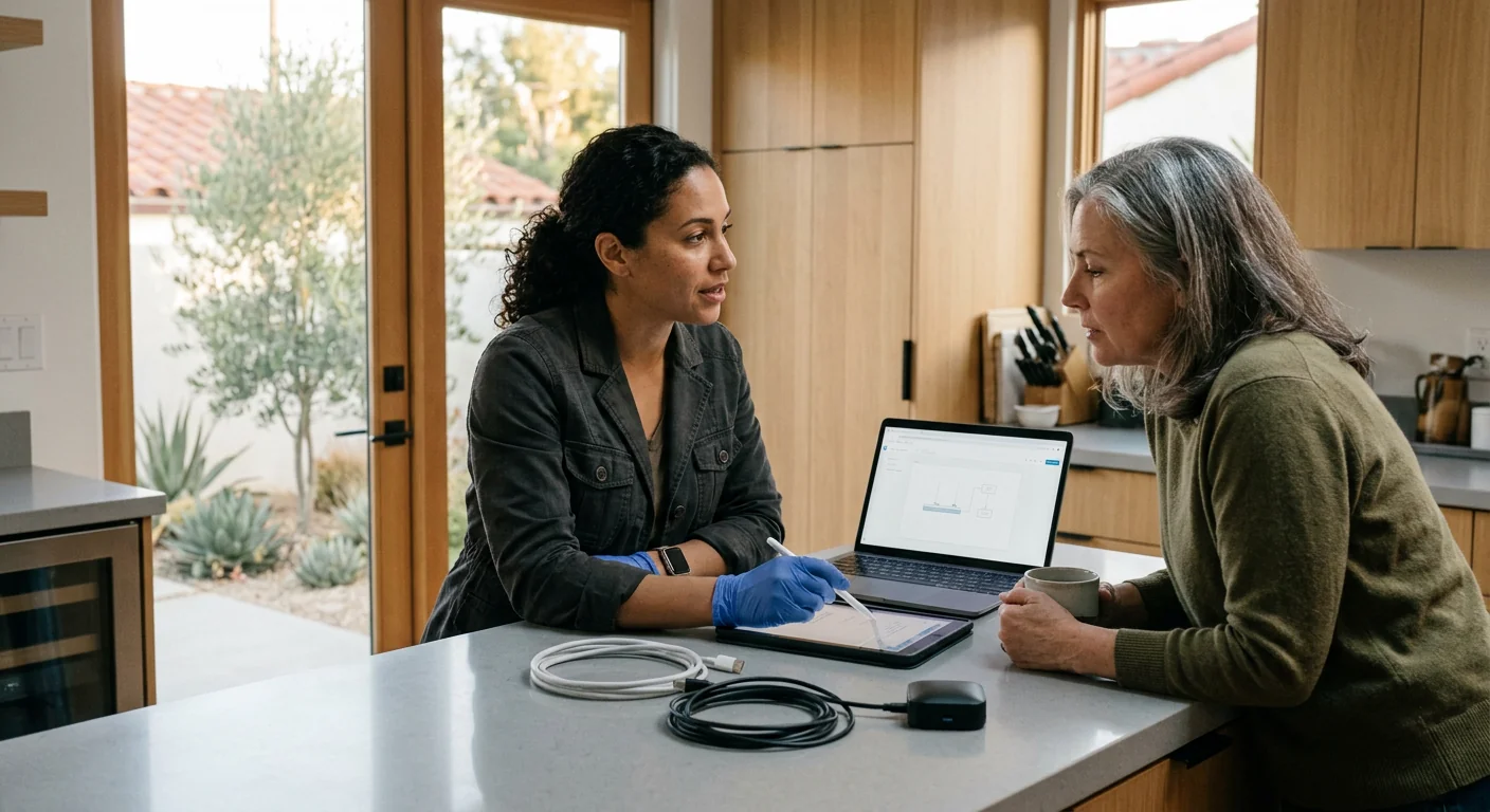 Consultant reviewing AI workflow diagrams with a Los Angeles business team during planning