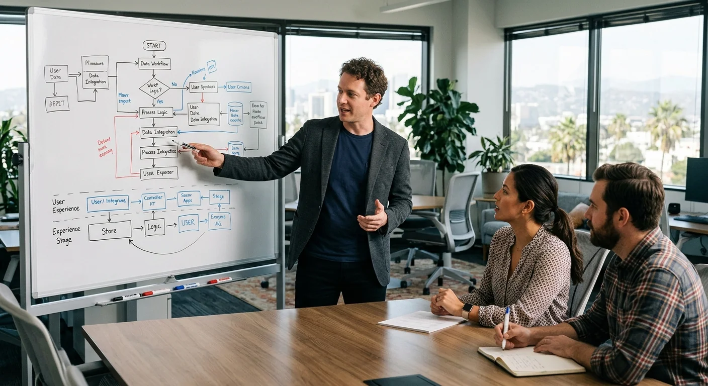 AI consultant reviewing workflow diagrams with a Los Angeles business team