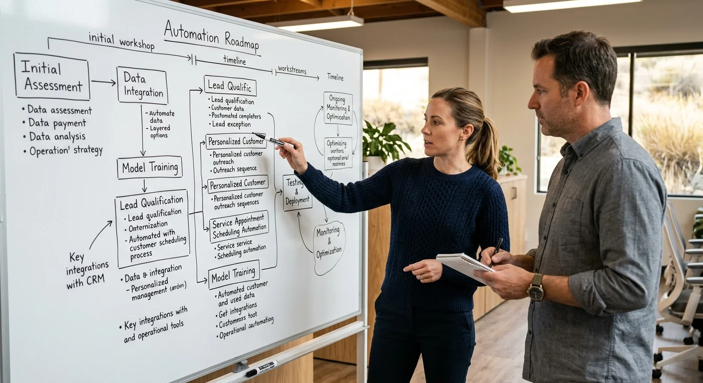Detailed automation roadmap documented on a whiteboard during a consulting session