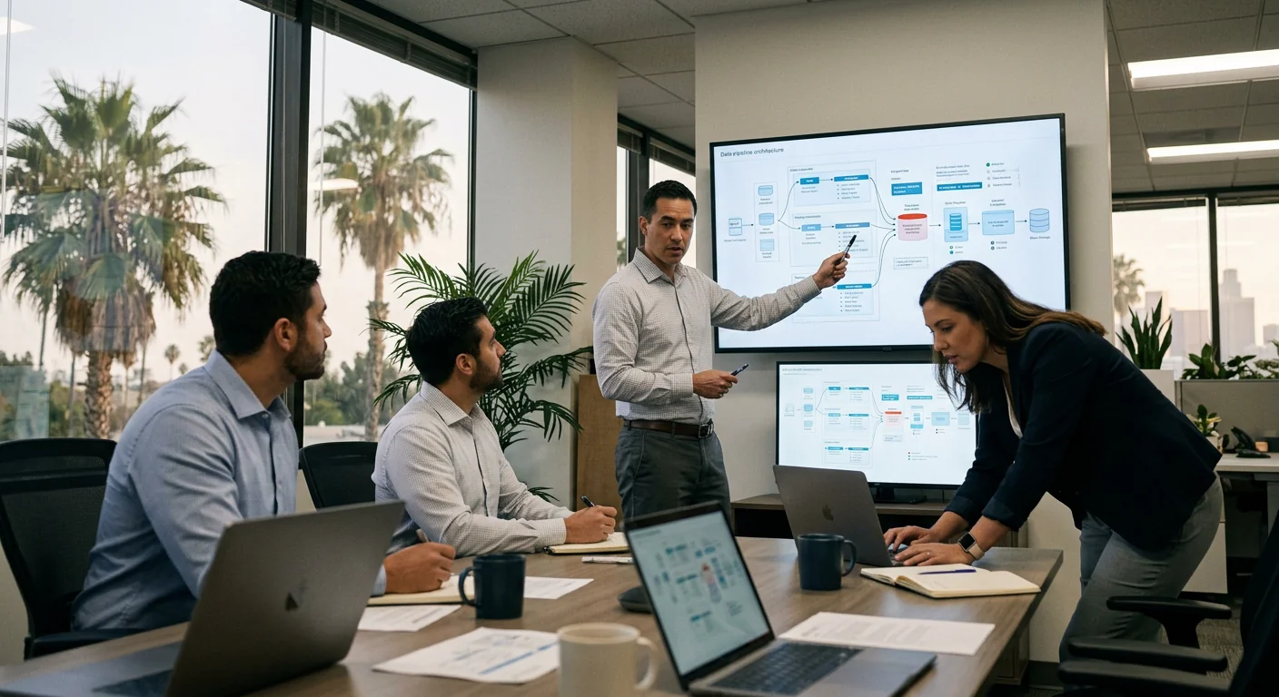 Data pipeline assessment displayed on screens for a commercial office review