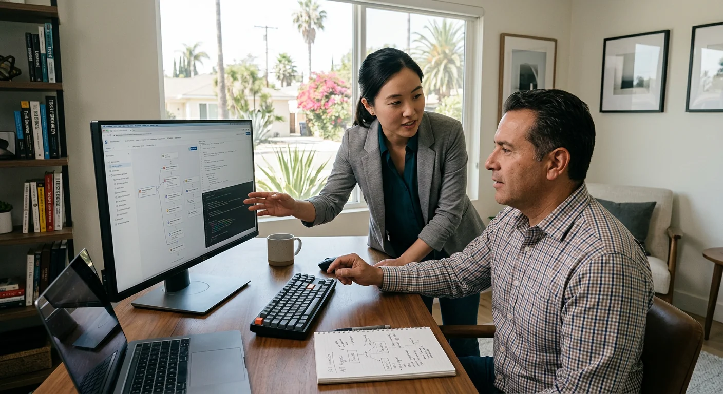 Business owner reviewing disconnected software tools before an AI consulting assessment