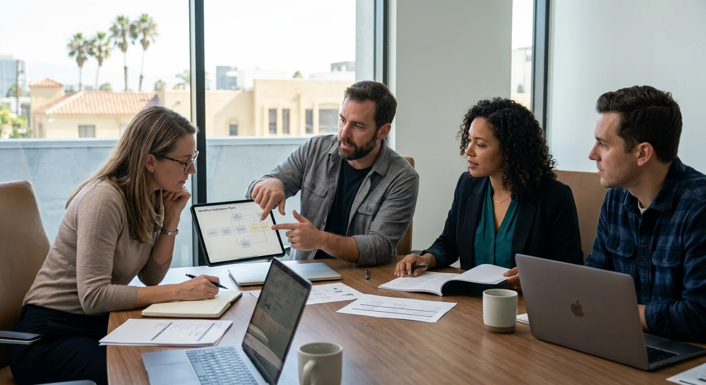 AI consulting team reviewing workflow automation plans with a Los Angeles client