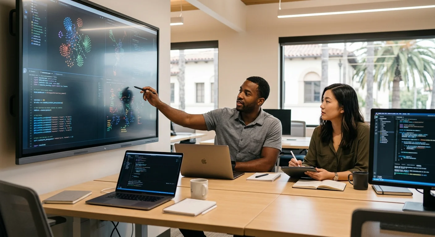 Consultant reviewing AI integration pricing worksheet with a Los Angeles business owner at a desk