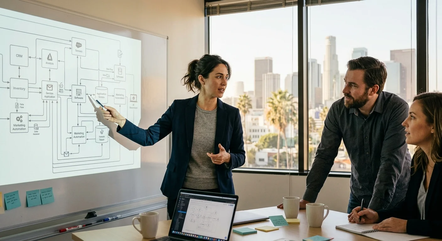 AI Integration specialist mapping software connections for a Los Angeles business team