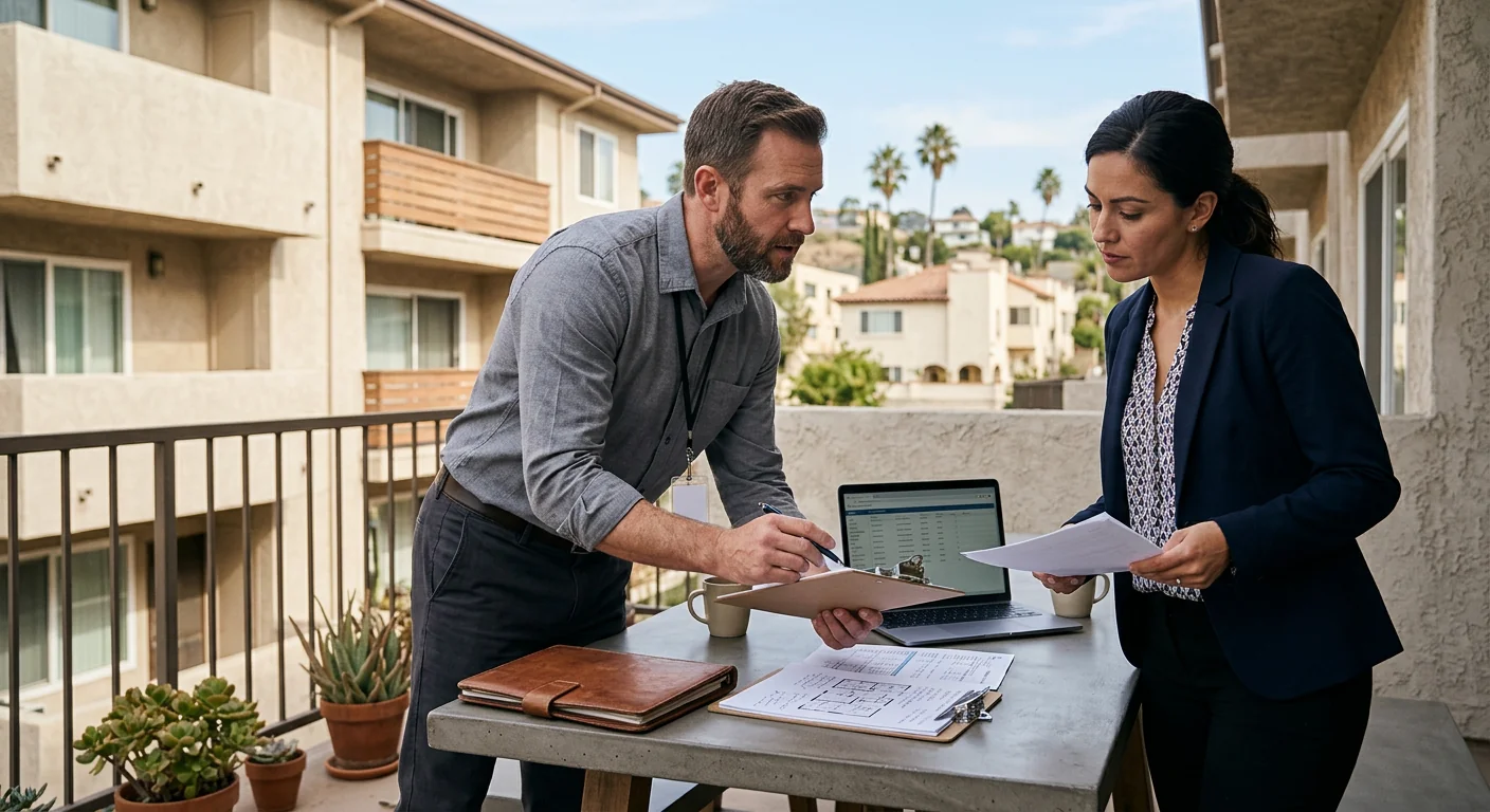 Consultant reviewing integration test results with a Los Angeles property manager