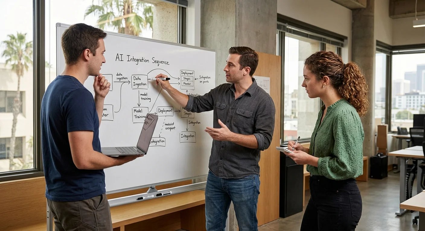 Team planning AI integration sequence on a whiteboard in a Los Angeles office