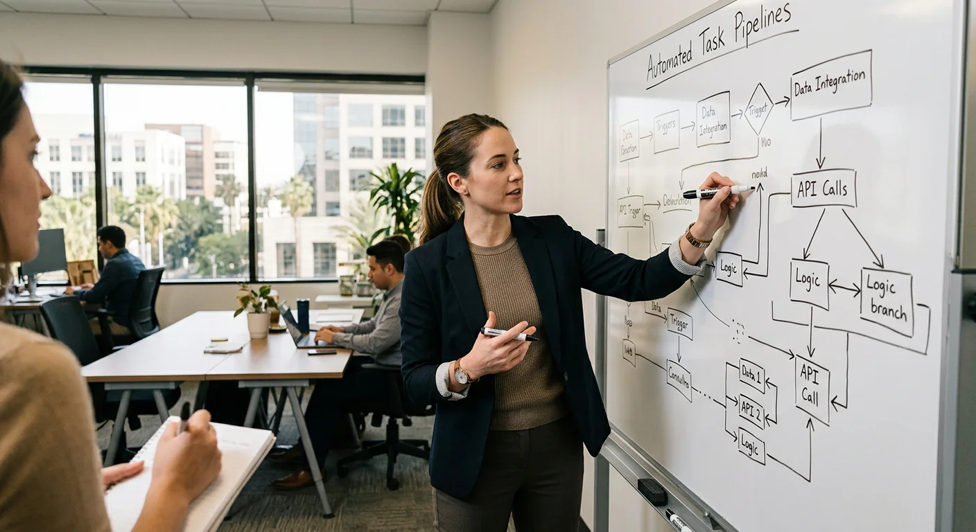 Consultant mapping automated task pipelines on a whiteboard for a Los Angeles business