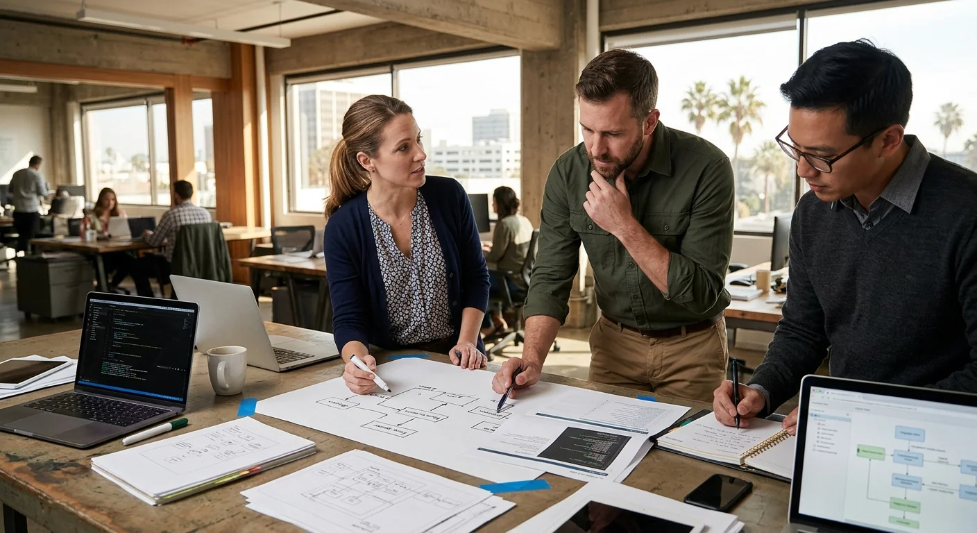 Team reviewing API integration steps for workflow automation in Los Angeles office