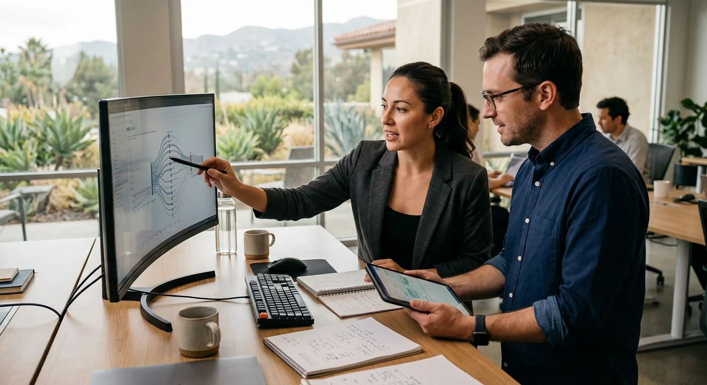 Consultant reviewing automated workflow steps with a Los Angeles business team