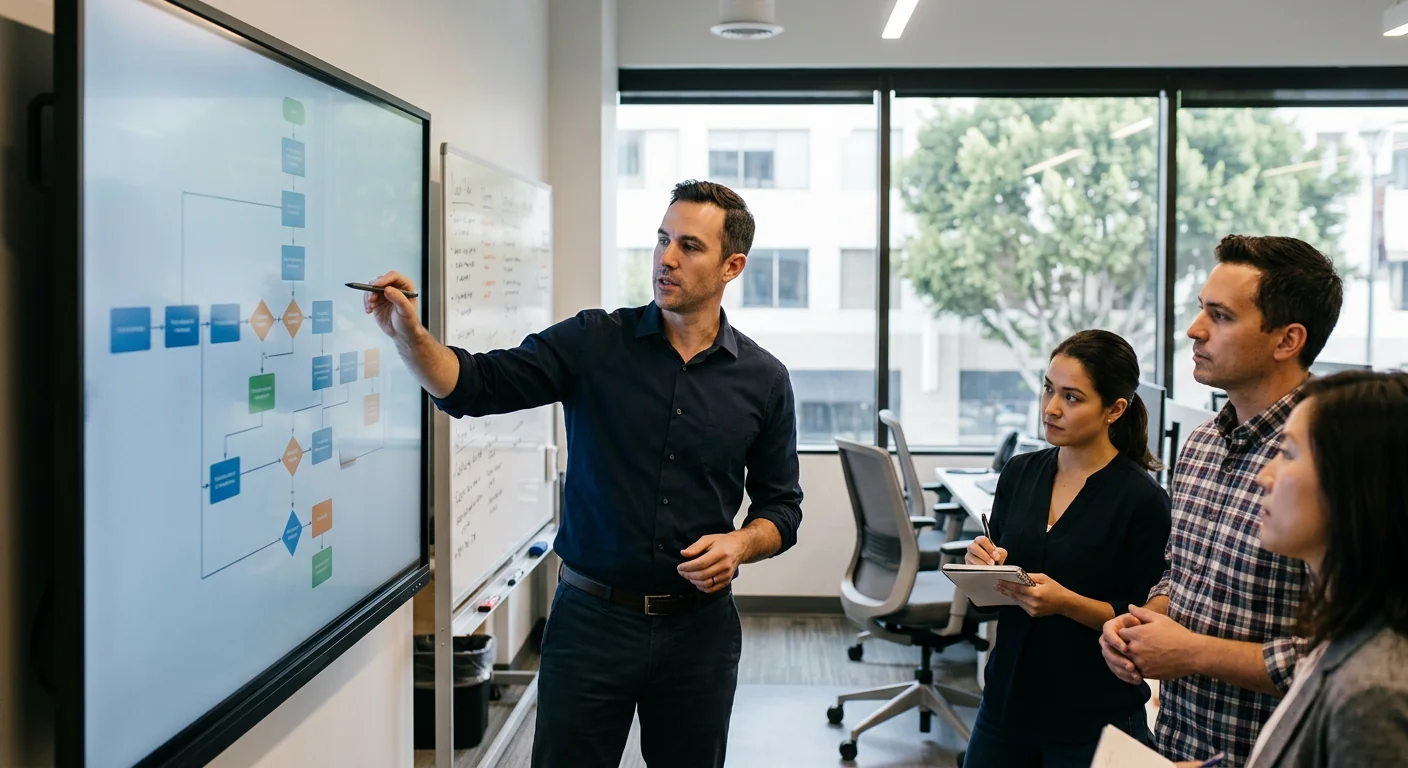 Consultant mapping automated workflows on a screen for a Los Angeles business office