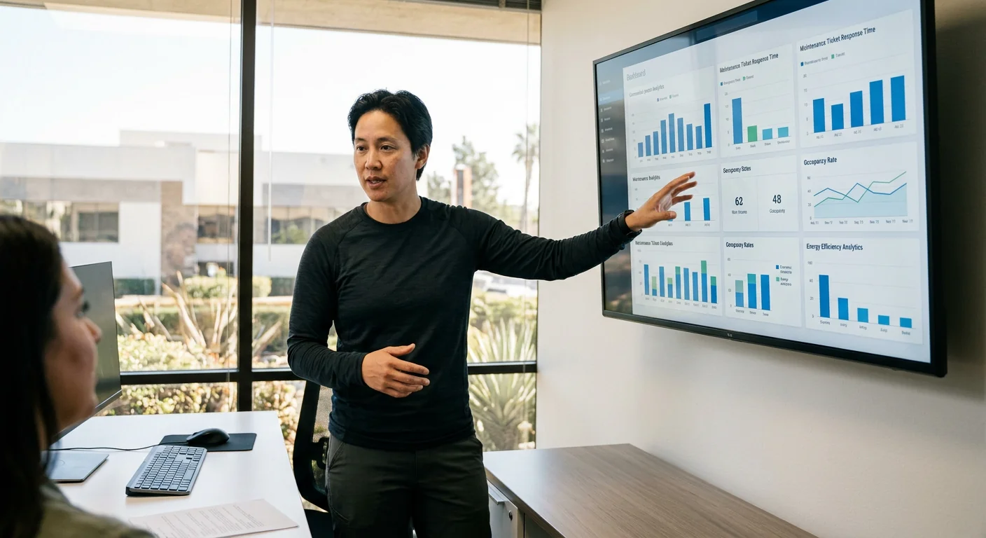 Dashboard showing streamlined business workflow metrics for a commercial property in Los Angeles