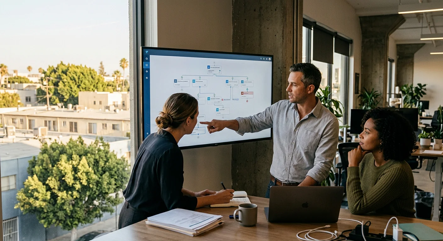 Team reviewing automated task sequences on a shared screen in Los Angeles