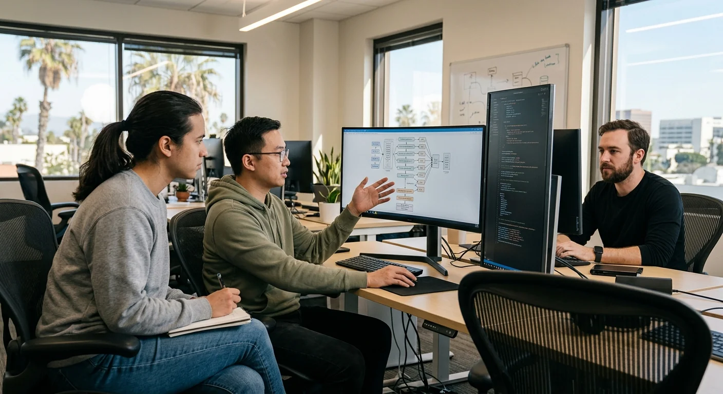 Developers reviewing custom AI model architecture on screens in a Los Angeles office