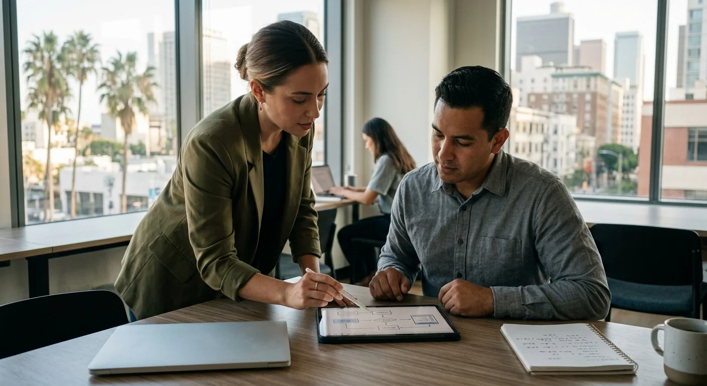 Business owner reviewing disconnected software systems that a custom AI build will unify