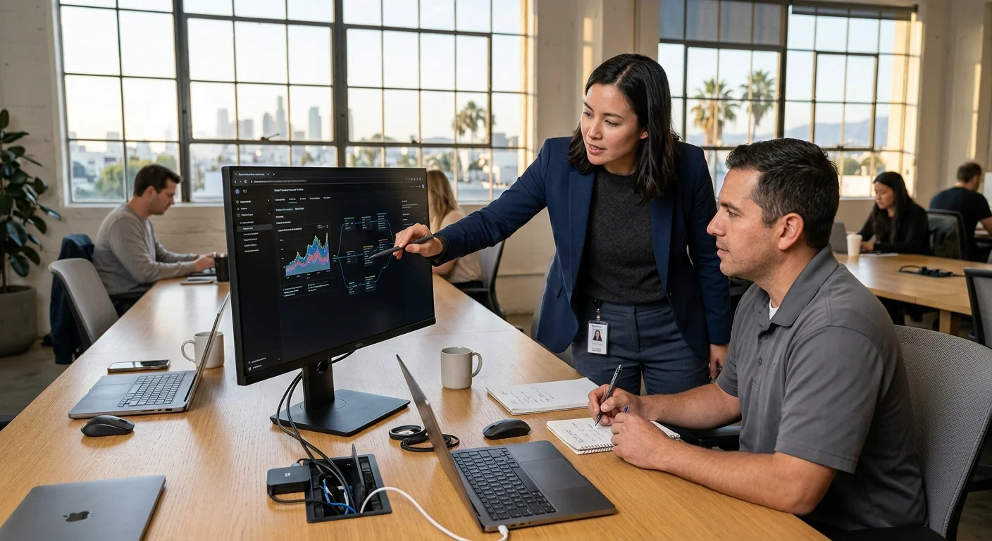 Consultant reviewing custom AI workflow plans with a Los Angeles business team
