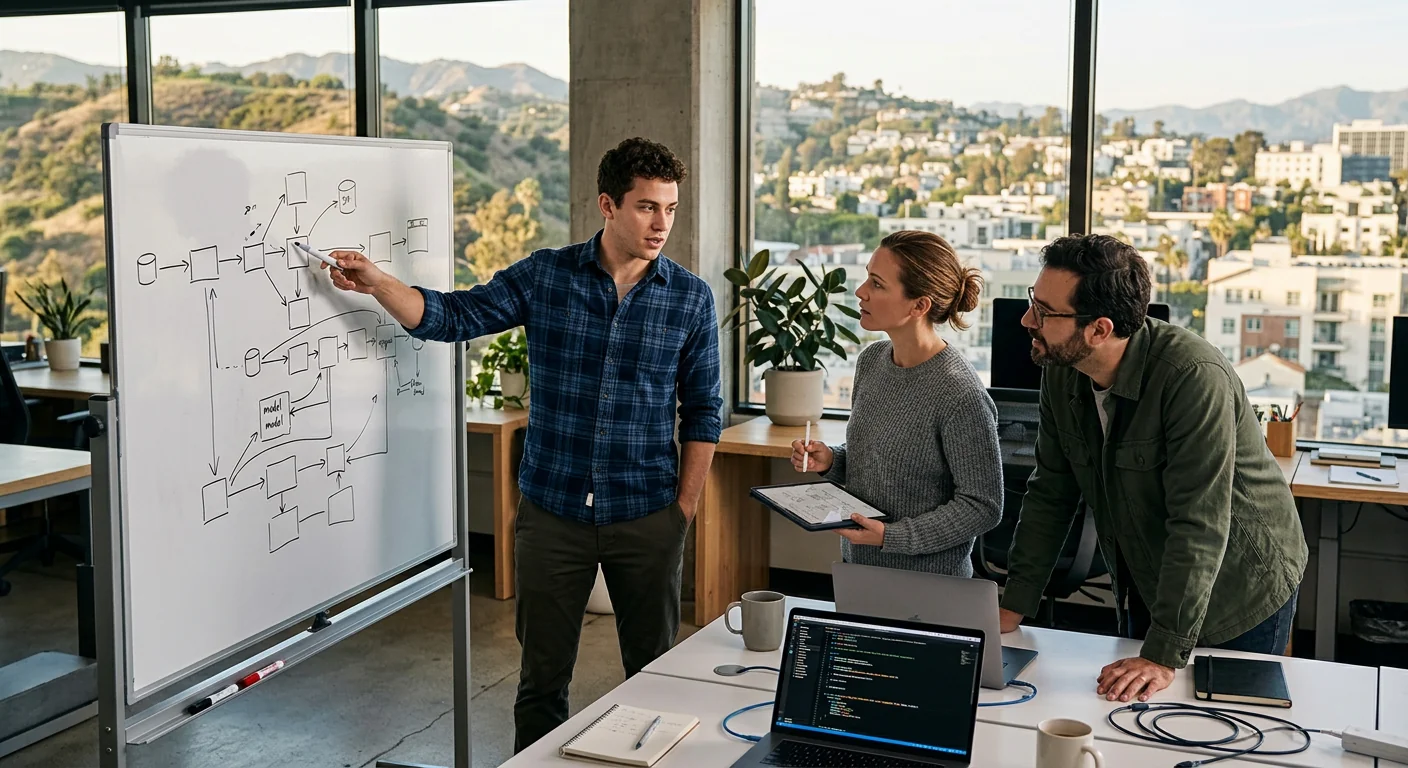 AI engineers reviewing a custom workflow diagram for a Los Angeles business