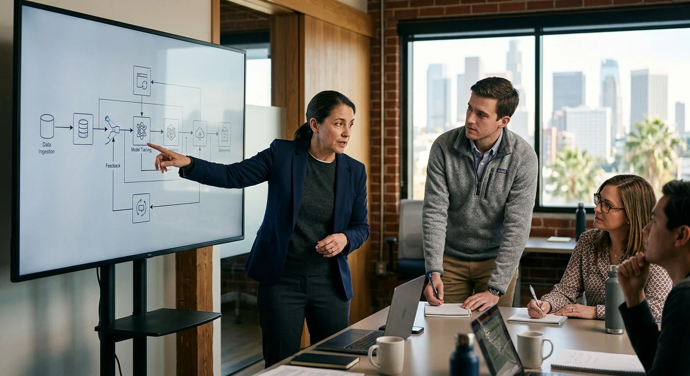 Custom AI system architecture reviewed on screen during a Los Angeles planning session